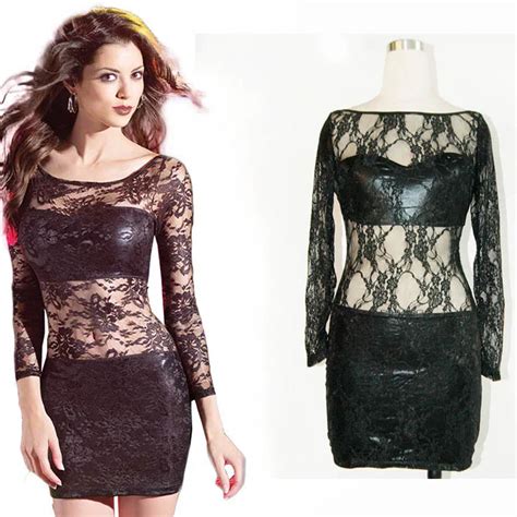 Sl Sexy De Couro Falso Com Rendas Vestido Novo Preto Do Inverno Vestido