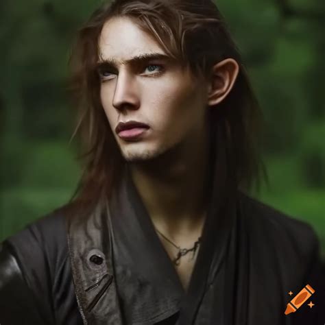 Smirking Male Elven Rogue With Brown Messy Hair And Green Eyes On Craiyon