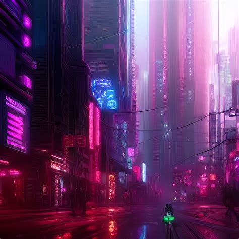 Uma Rua Da Cidade Luzes Neon E Uma Placa Que Diz Cyberpunk Foto