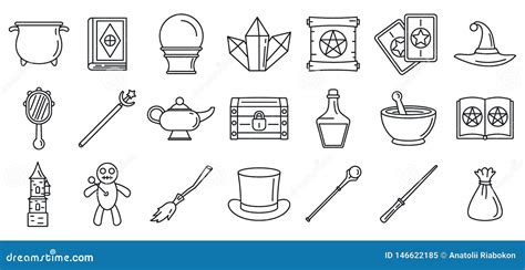 Magic Wizard Tools Icons Set Outline Style Stock Vector Illustration Of Book Hand 146622185