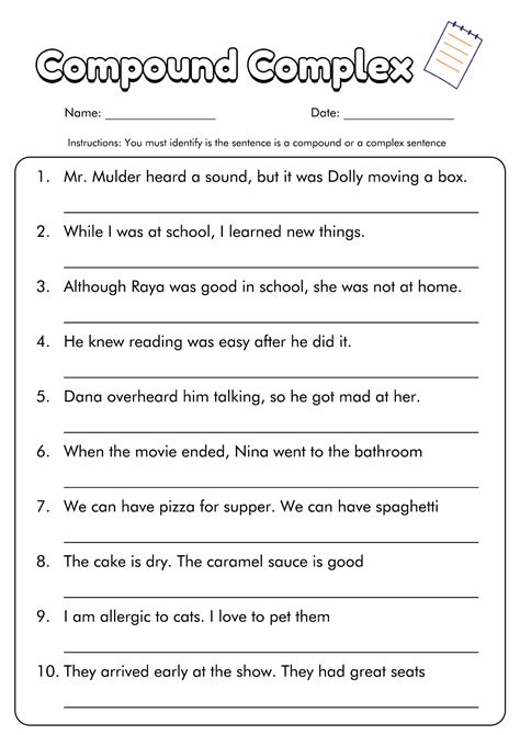 Simple Compound Complex Compound Complex Sentences Worksheet