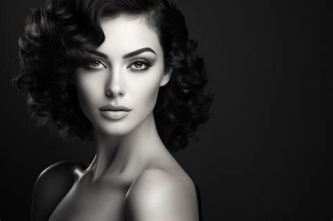 Black And White Portrait Of Glamor Brunette Model With Naked Shoulders Premium AI Generated Image