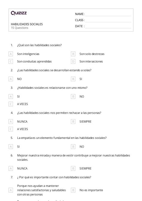 Mais de 50 planilhas Habilidades sociais no Quizizz Gratuito e imprimível