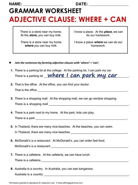 Adjective Phrases And Clauses Worksheet