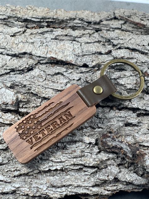 Veteran Flag Military Walnut Keychain Brass Key Ring Laser Engraved