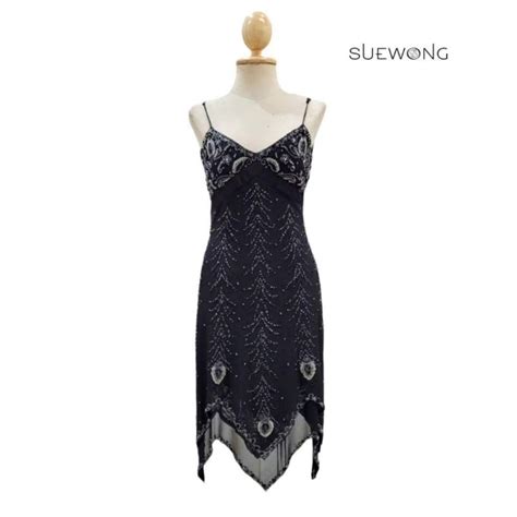 S Sue Wong Nocturne Beaded Sequin Evening Gown Strap Dress