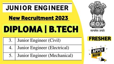 Junior Engineer Vacancy Diploma B Tech Freshers Eligible Je