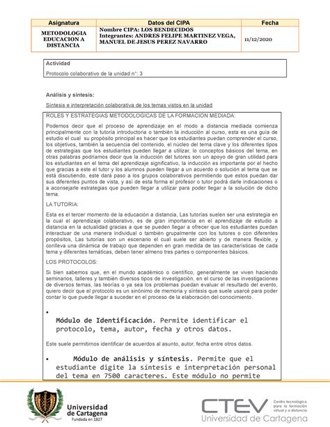 Protocolo Colaborativo Unidad 3 Asignatura Datos Del CIPA Fecha