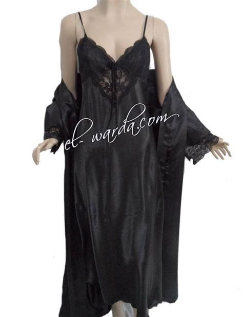 Nuisette Longue Noire Satin Et Dentelle El Warda