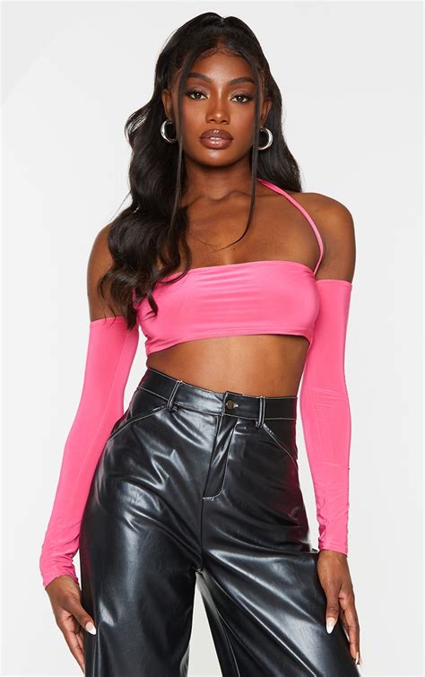 Hot Pink Slinky Halterneck Long Sleeve Crop Top Prettylittlething Usa