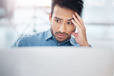 Asian Man Stress And Tired With Laptop In Office For Glitch Problem And Anxiety For Proposal