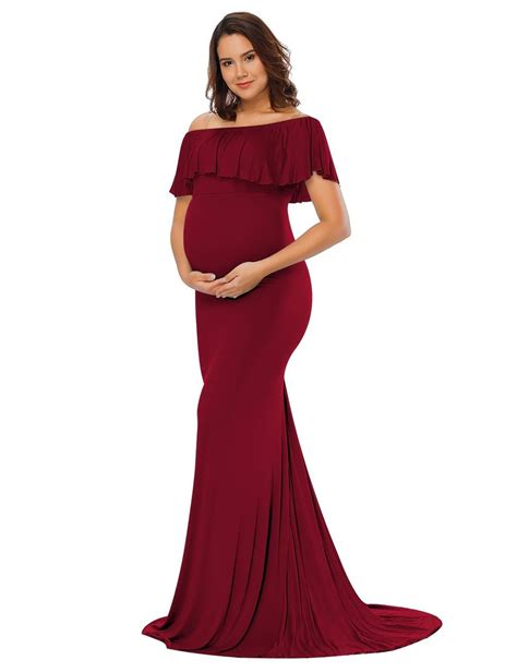 Justvh Maternity Elegant Gown Off Shoulder Ruffles Maxi Photography Dress