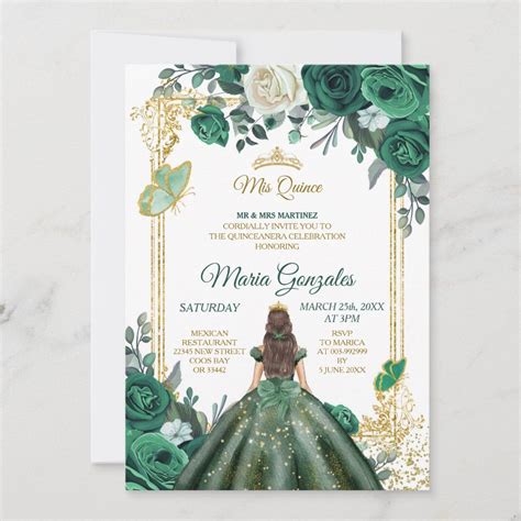 Mis Quince Emerald Green White Birthday Invitation Size X