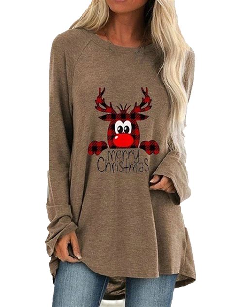 Ukap Christmas Longline T Shirt For Plus Size Women Casual Long Sleeve Tunic Top Pullover Tee