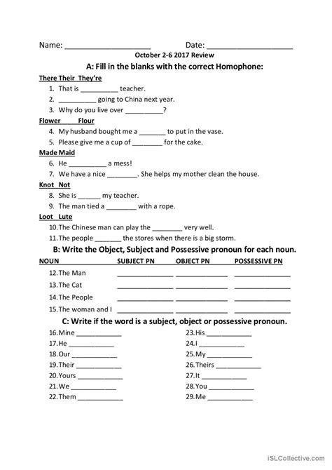 Subjectobjectpossessive Pronou English Esl Worksheets Pdf And Doc