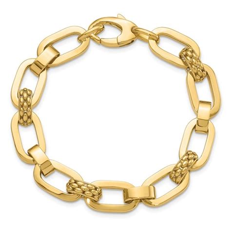 K Yellow Gold Polished And Textured Fancy Bold Link Bracelet In