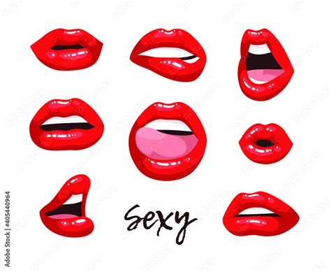 Sexy Female Lips With Red Lipstick Vector Fashion Illustration Woman Mouth Set Gestures