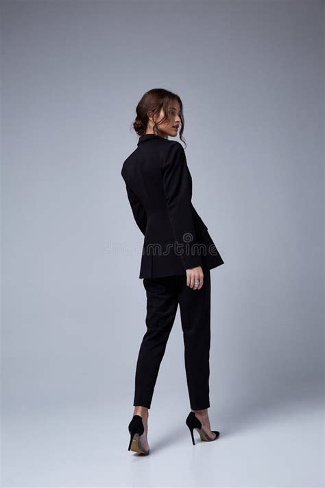 Beautiful Woman Fashion Glamour Model Brunette Hair Makeup Wear Black Suit Trousers Jacket