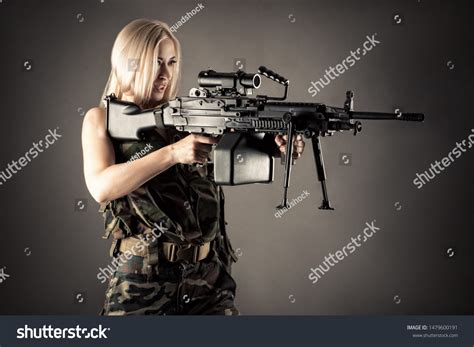Beautiful Woman Blonde Aiming Machine Gun Stock Photo Shutterstock