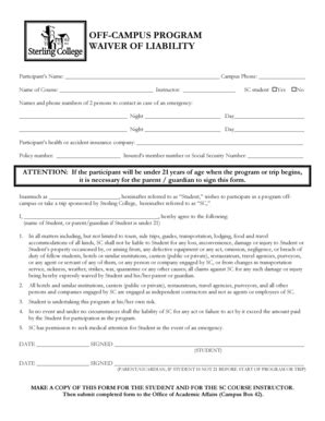 Fillable Online Off Campus Program Waiver Of Liability Sterling