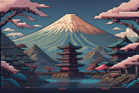 Premium Photo Pixel Art Of A Mountain With A Japanese Temple In The