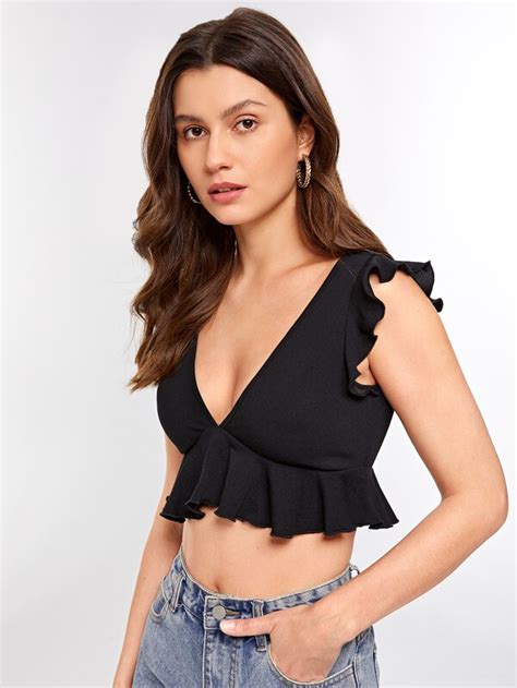 Evolushein V Neck Ruffle Trim Crop Top Shein Usa