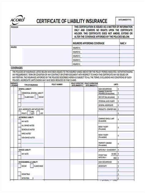 Certificate Of Liability Insurance Template