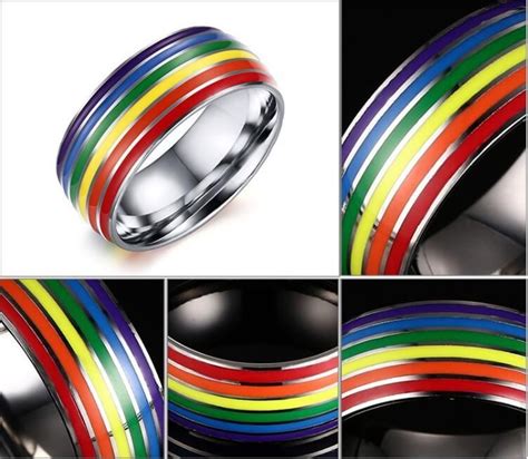 8mm Stainless Steel Enamel Rainbow Lgbt Pride Ring For Lesbian And Gay