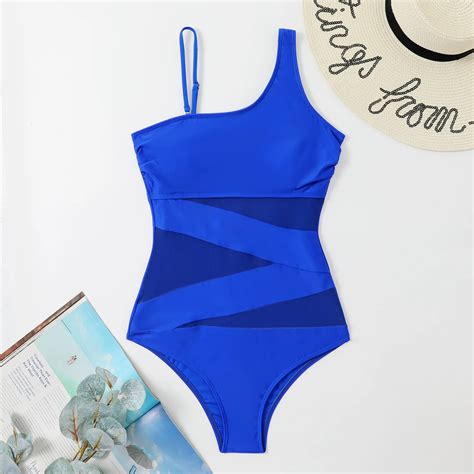 Sexy Off Shoulder One Piece Swimsuit Women Spliced Mesh Swimming Suits Fashion Swimwear