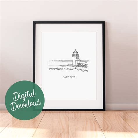 Cape Cod Line Art Print Minimalist Black And White Drawing Instant