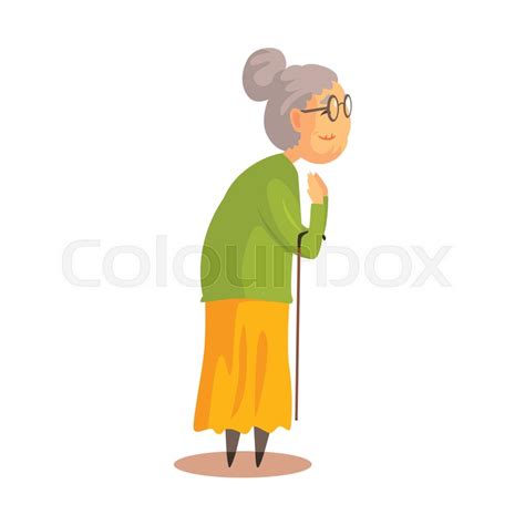 Old Woman With Walking Stick Standing Stock Vector Colourbox