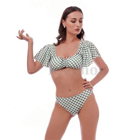 Womens Sexy Checked Puff Sleeve Draw String Bikini Suit China Swimwear Sexy Bikini And Open