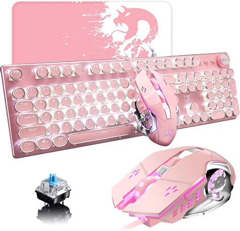 Pink Typewriter Keyboard And Mouseretro Vintage Mechanical Gaming