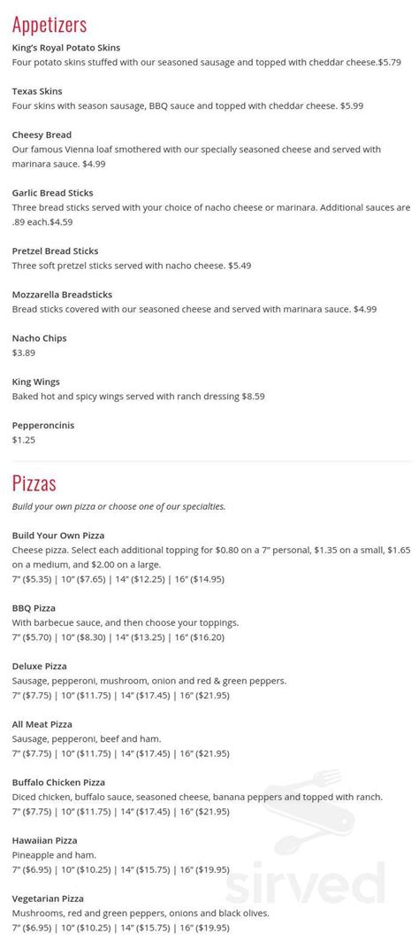 Pizza King Menu In Newburgh Indiana Usa