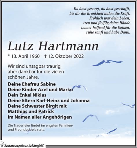 Traueranzeigen Von Lutz Hartmann Trauer Anzeigen De