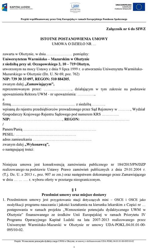 ISTOTNE POSTANOWIENIA UMOWY UMOWA O DZIEŁO NR PDF Darmowe pobieranie