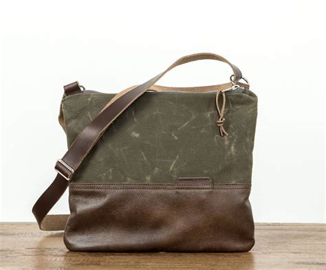 Waxed Canvas And Leather Crossbody Zip Top Day Bag With Leather Strap