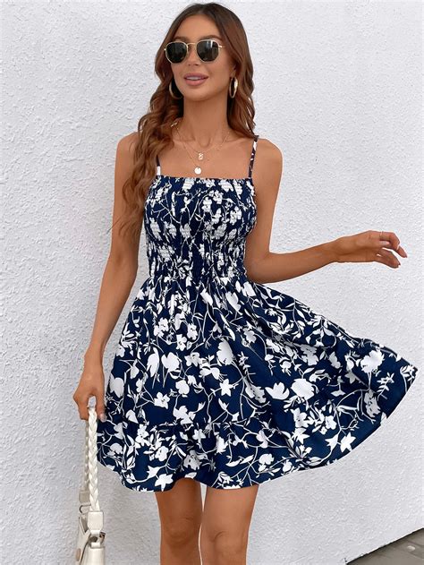 Shein Frenchy Allover Floral Print Shirred Detail Ruffle Hem Cami Dress