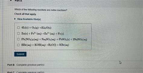 Solved Which Of The Following Reactions Are Redox Reacti