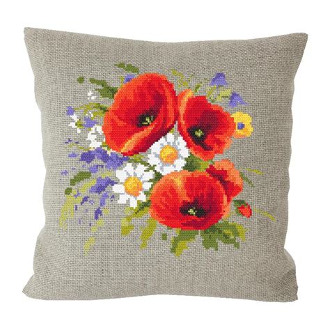 Cross Stitch Kit Pillow With Poppies Linen