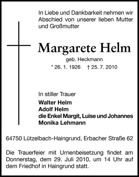 Traueranzeigen Von Margarete Helm Vrm Trauer De