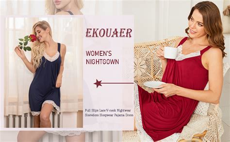 Ekouaer Women Chemise Lace Lingerie Sexy Cotton Nightgown Patchwork