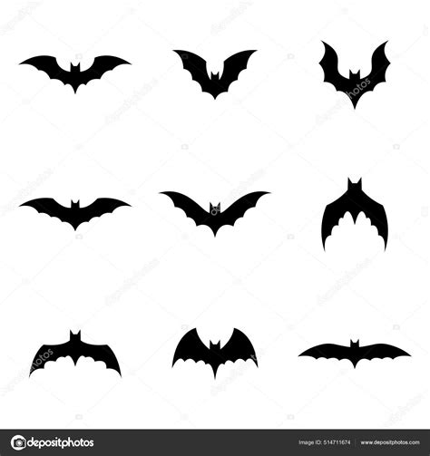 Vector Bat Silhouette Isolated White Background Set Vector Bats Stock