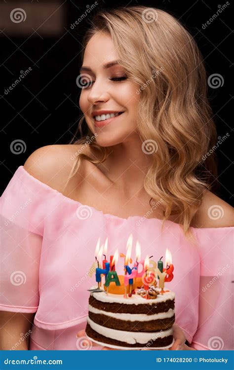 Portrait Of Joyful Fashion Woman Posing Holding Cake Candles Happy