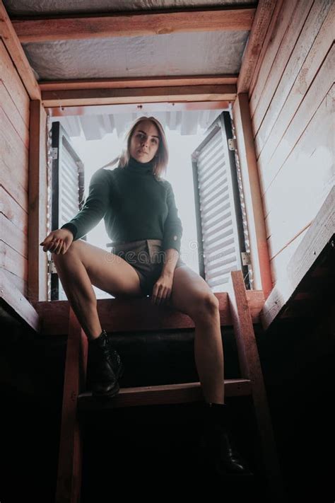 Blonde Woman Sitting On Attic Stairs Stock Photo Image Of Independence Flat