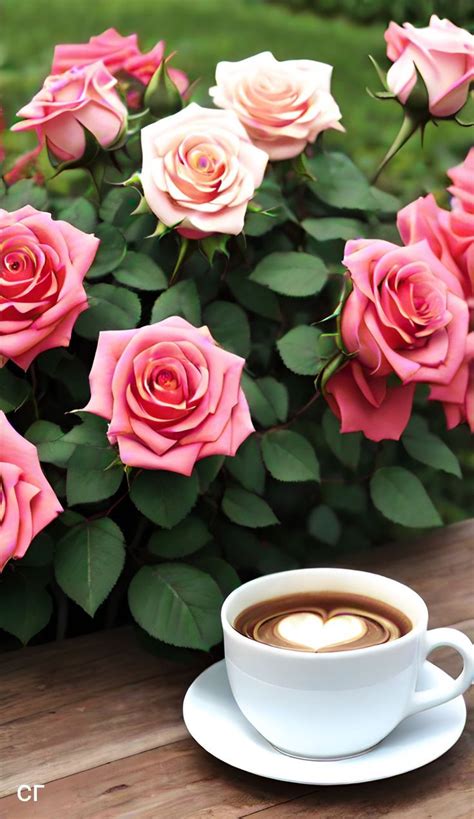 A Cup Of Coffee Sitting On Top Of A Wooden Table Next To Pink Rose Bush