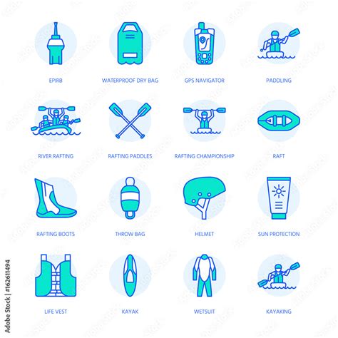 Grafika Wektorowa Stock Rafting Kayaking Flat Line Icons Vector