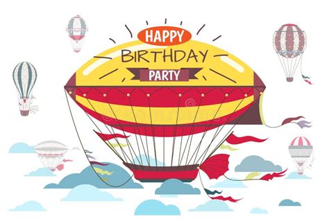 Birthday Greetings Card With Hot Air Balloon Vector Illustration Stock