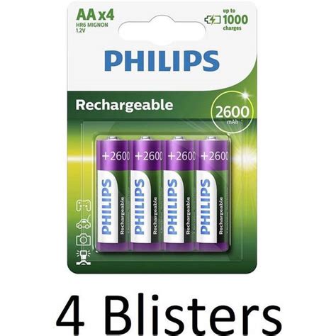 16 Stuks 4 Blisters A 4 St Philips AA Oplaadbare Batterijen 2500