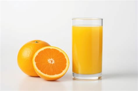 Vaso De Jugo De Naranja Sobre Un Fondo Blanco Y Una Naranja Cortada Por